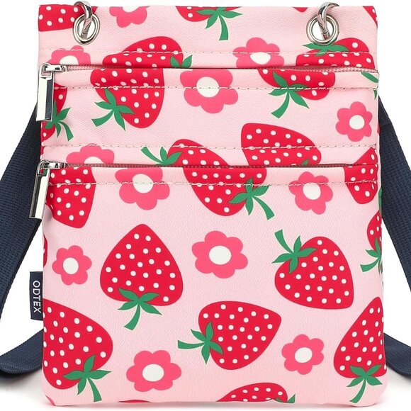Stylish Adjustable Strap Crossbody Bag with Strawberry Print & Zipper Closure - Picture 1 of 9